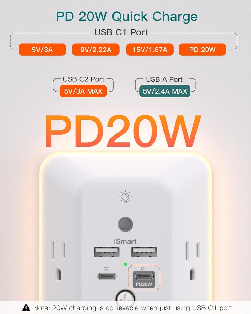 Addtam Surge Protector, Outlet Extender with Night Light, 5-Outlet Splitter and 4 USB Ports(PD 20W), Multi Plug Wall Outlet Power Strip for Home Office Dorm Room Essentials - Image 3